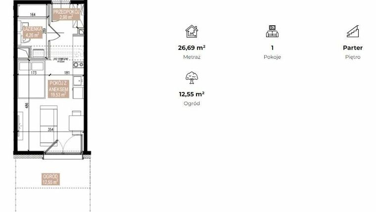 Rzut - Mieszkanie na sprzedaż 1 pokój o powierzchni 26,65 m² - numer SWA/2/07/B w Apartamenty Świeradowska