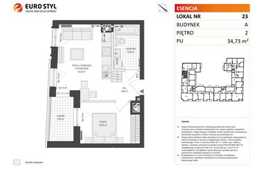 Rzut - Mieszkanie na sprzedaż 2 pokoje o powierzchni 34,73 m² - numer A.23 w Esencja