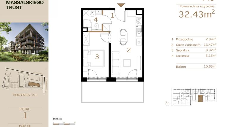 Rzut - Mieszkanie na sprzedaż 2 pokoje o powierzchni 32,43 m² - numer M9 w Massalskiego Trust