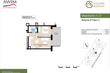 Rzut - Mieszkanie na sprzedaż 2 pokoje o powierzchni 35,05 m² - numer B27 w Wzgórze Gustawa