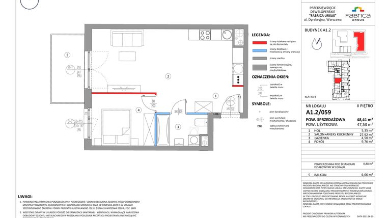 Rzut - Mieszkanie na sprzedaż 2 pokoje o powierzchni 47,63 m² - numer A1.2/059 w Fabrica URSUS