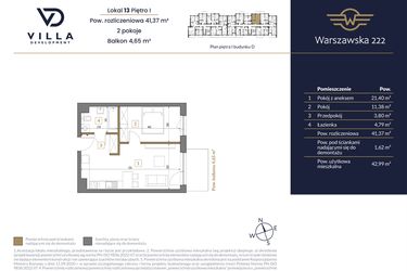 Rzut - Mieszkanie na sprzedaż 2 pokoje o powierzchni 41,37 m² - numer 13 w Warszawska 222 bud. D