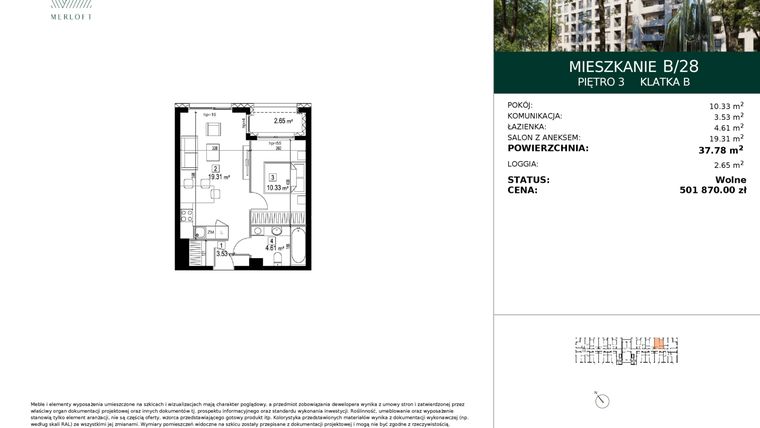 Rzut - Mieszkanie na sprzedaż 2 pokoje o powierzchni 37,78 m² - numer B/28 w Merloft