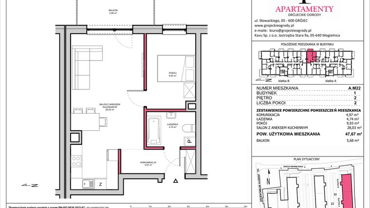 Rzut - Mieszkanie na sprzedaż 2 pokoje o powierzchni 47,67 m² - numer A.22 w Apartamenty Grójeckie Ogrody