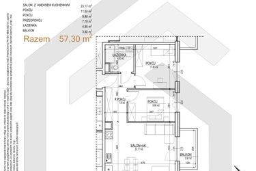 Rzut - Mieszkanie na sprzedaż 3 pokoje o powierzchni 57,3 m² - numer S.03.17 w Sobieskiego 29