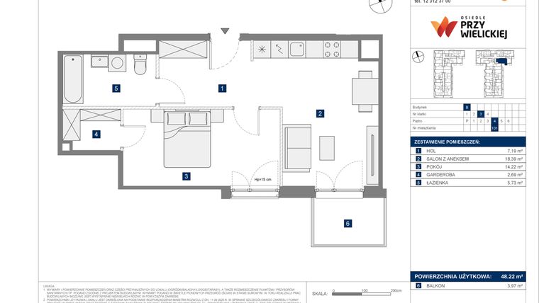 Rzut - Mieszkanie na sprzedaż 2 pokoje o powierzchni 48,22 m² - numer B-101 w Osiedle przy Wielickiej etap 1.2