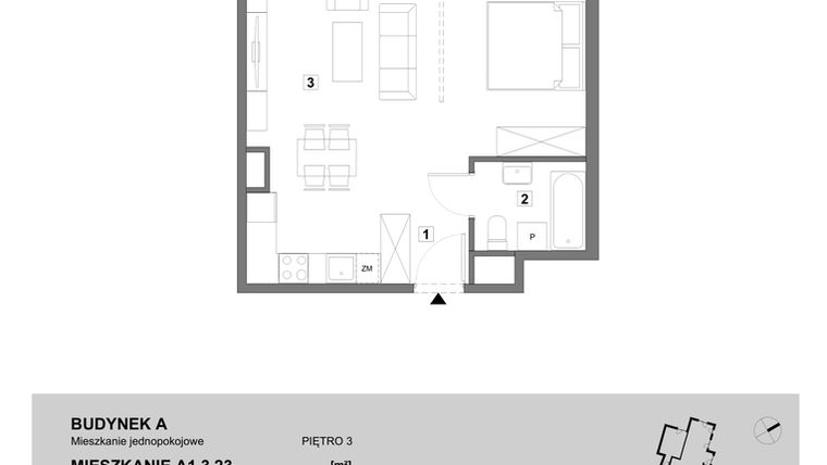 Rzut - Mieszkanie na sprzedaż 1 pokój o powierzchni 43,39 m² - numer A1.3.23 w ATAL Grabiszyn