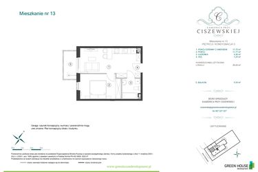 Rzut - Mieszkanie na sprzedaż 2 pokoje o powierzchni 35,03 m² - numer 13 w Kamienica przy Ciszewskiej