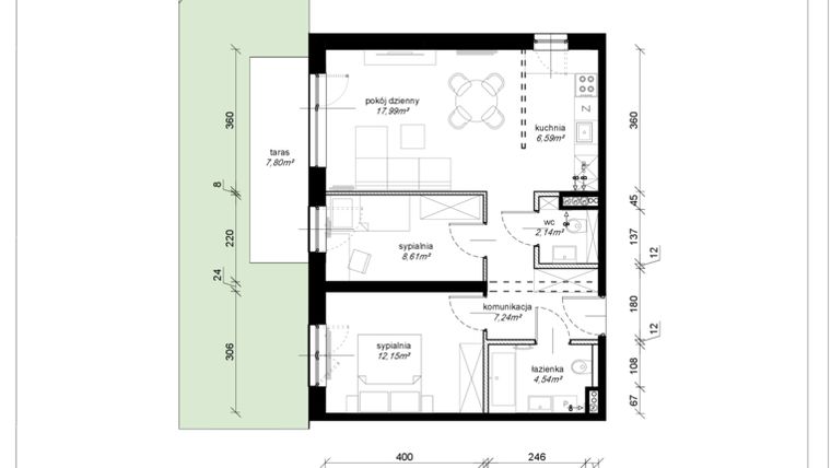 Rzut - Mieszkanie na sprzedaż 3 pokoje o powierzchni 59 m² - numer F.0.02.3k w Art.Teo etap 3
