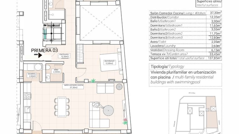 Rzut - Mieszkanie na sprzedaż 3 pokoje o powierzchni 126,47 m² - numer 3.2 w Mieszkania w Hondón de las Nieves - 65879943