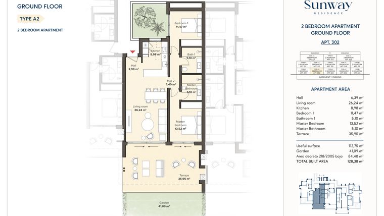 Rzut - Mieszkanie na sprzedaż 3 pokoje o powierzchni 112,75 m² - numer 302 w Sunway