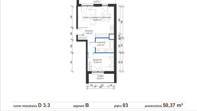 Rzut - Mieszkanie na sprzedaż 2 pokoje o powierzchni 50,37 m² - numer D 3.3 w Nowe Zabłocie