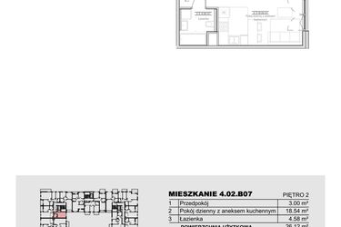 Rzut - Mieszkanie na sprzedaż 1 pokój o powierzchni 26,12 m² - numer 4.02.B07 w Ogrody Andersa III
