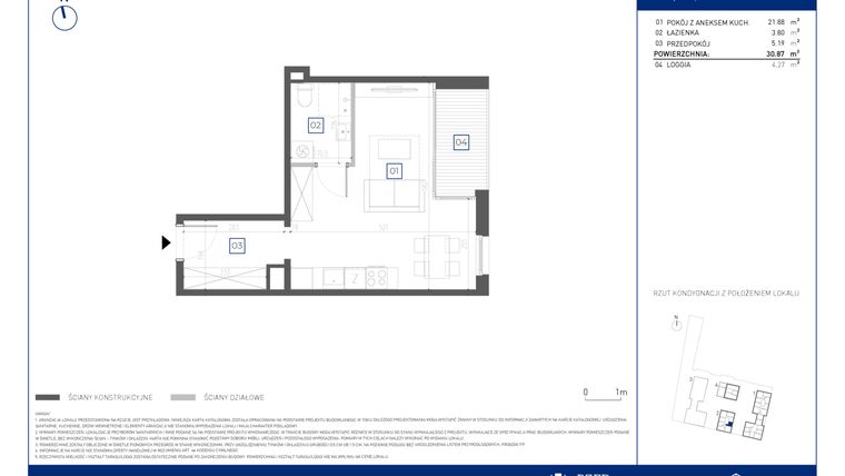 Rzut - Mieszkanie na sprzedaż 1 pokój o powierzchni 30,87 m² - numer 3.3.1 w Atria Nowe Żerniki