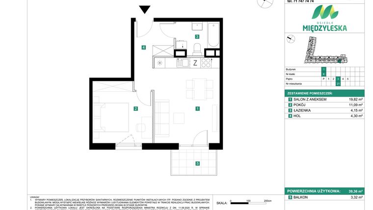 Rzut - Mieszkanie na sprzedaż 2 pokoje o powierzchni 39,36 m² - numer 21 w Osiedle Międzyleska