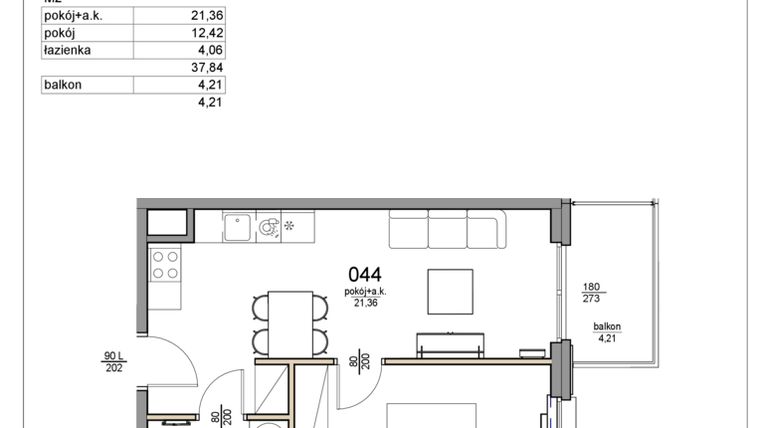 Rzut - Mieszkanie na sprzedaż 2 pokoje o powierzchni 37,84 m² - numer 44 w Rezydencja Liwska 3