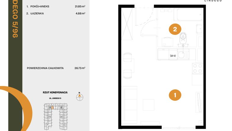 Rzut - Mieszkanie na sprzedaż 1 pokój o powierzchni 26,73 m² - numer 96 w CLOU LINDEGO