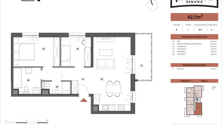 Rzut - Mieszkanie na sprzedaż 3 pokoje o powierzchni 62,5 m² - numer B.06 w Premiera Bemowo