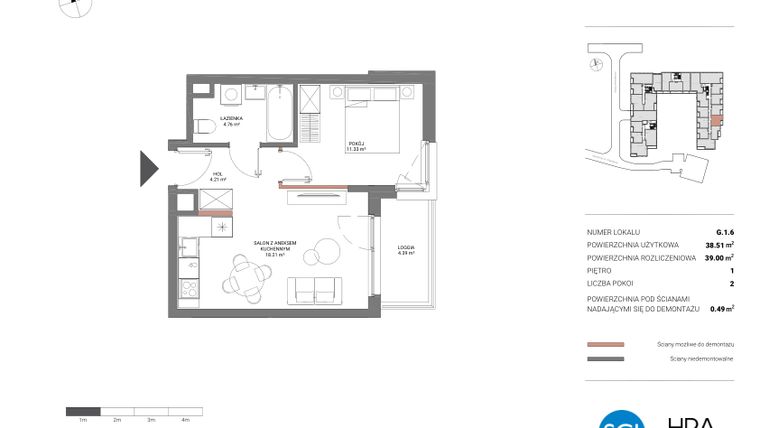 Rzut - Mieszkanie na sprzedaż 2 pokoje o powierzchni 39 m² - numer G.1.6 w Łopuszańska 47 - etap 2