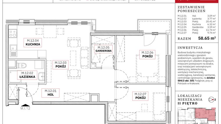 Rzut - Mieszkanie na sprzedaż 3 pokoje o powierzchni 58,65 m² - numer M12 w Brzozowa Residence
