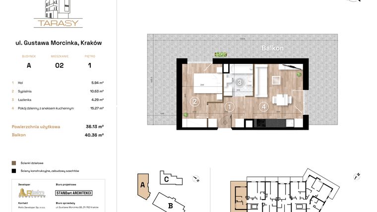 Rzut - Mieszkanie na sprzedaż 2 pokoje o powierzchni 36,13 m² - numer A2 w Krzesławickie Tarasy