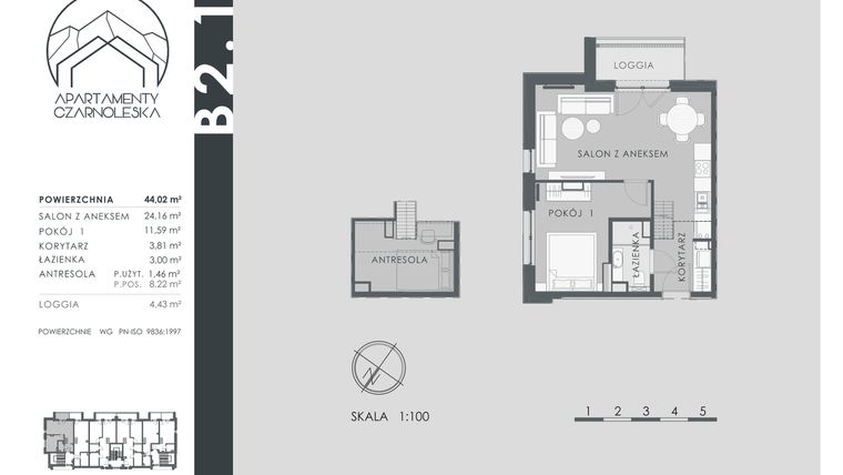 Rzut - Mieszkanie na sprzedaż 2 pokoje o powierzchni 44,02 m² - numer B2.1 w Apartamenty Czarnoleska