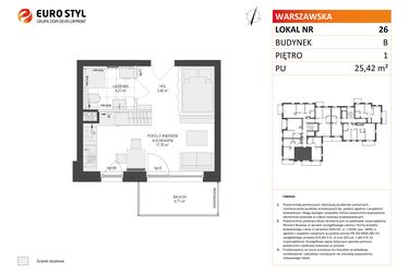 Rzut - Mieszkanie na sprzedaż 1 pokój o powierzchni 25,42 m² - numer B.26 w Osiedle Warszawska etap III