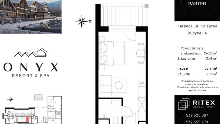 Rzut - Mieszkanie na sprzedaż 1 pokój o powierzchni 27,71 m² - numer 00.A3 w Onyx Resort & Spa
