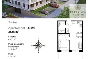 Rzut - Mieszkanie na sprzedaż 2 pokoje o powierzchni 35,55 m² - numer A.020 w Perłowa Przystań - Kołobrzeg - etap II