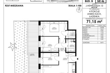 Rzut - Mieszkanie na sprzedaż 4 pokoje o powierzchni 71,15 m² - numer JAR-II-B-LM-M46 w Osiedle JAR Heweliusza etap II