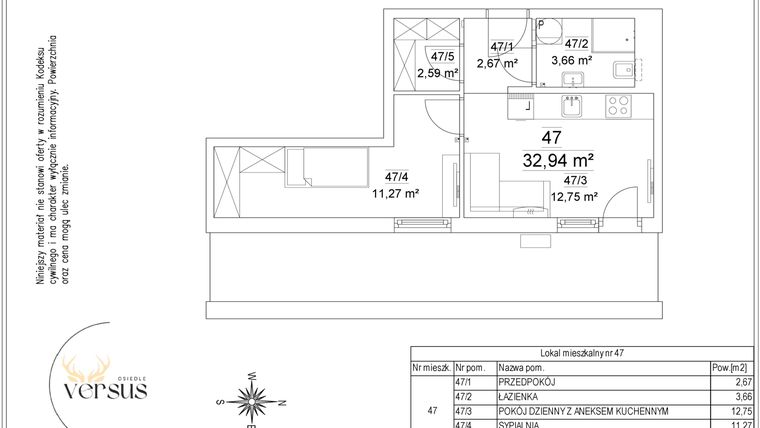 Rzut - Mieszkanie na sprzedaż 2 pokoje o powierzchni 32,94 m² - numer 21/47 w Osiedle Versus etap II