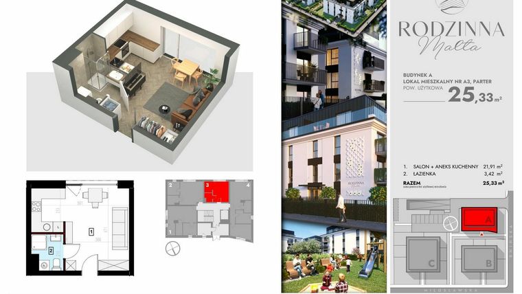 Rzut - Mieszkanie na sprzedaż 1 pokój o powierzchni 25,33 m² - numer A3 w Rodzinna Malta