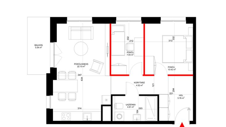 Rzut - Mieszkanie na sprzedaż 3 pokoje o powierzchni 54,67 m² - numer G.7.4 w INSPIRE ETAP V – bud. F, G