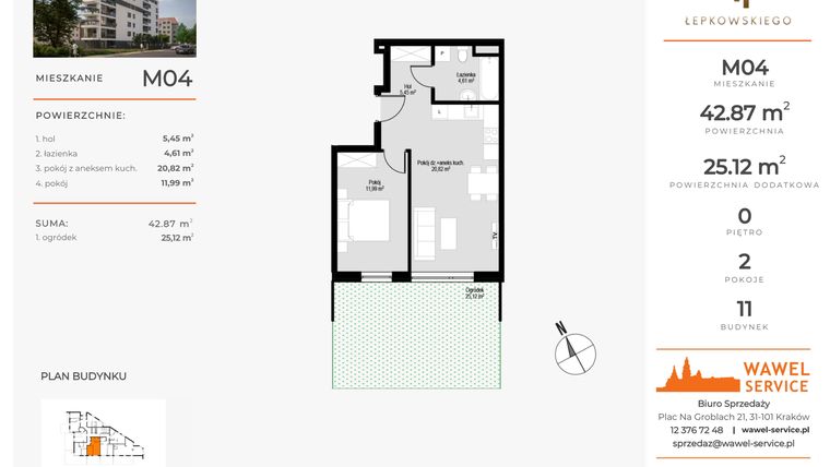 Rzut - Mieszkanie na sprzedaż 2 pokoje o powierzchni 42,87 m² - numer M04 w Łepkowskiego 11