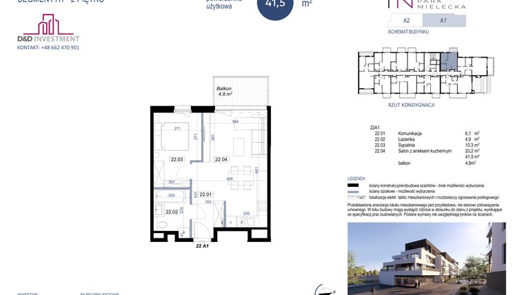 Rzut - Mieszkanie na sprzedaż 2 pokoje o powierzchni 41,5 m² - numer A1-22 w Park Mielecka