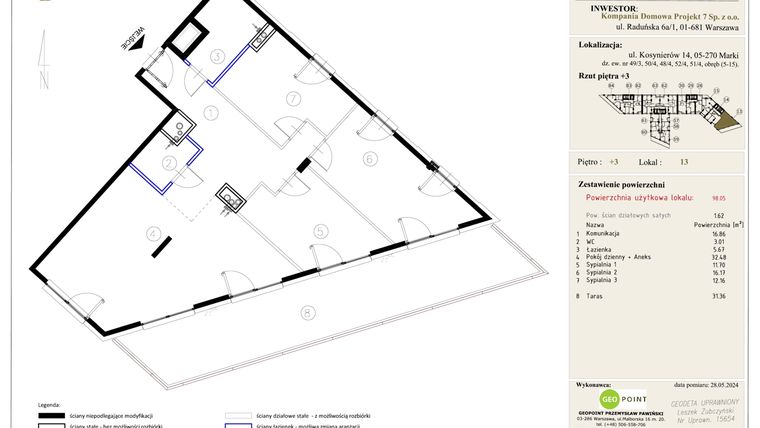 Rzut - Mieszkanie na sprzedaż 4 pokoje o powierzchni 98,05 m² - numer 13 w Markowy Targówek