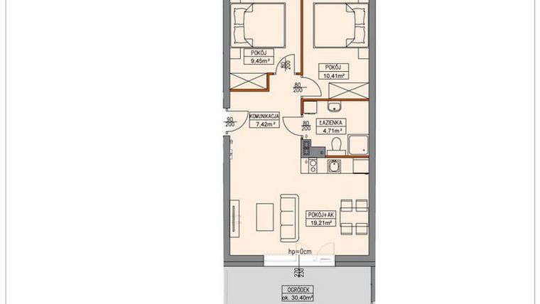 Rzut - Mieszkanie na sprzedaż 3 pokoje o powierzchni 51,25 m² - numer B2.0.2.3a w Stegna Park II