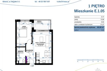 Rzut - Mieszkanie na sprzedaż 2 pokoje o powierzchni 46,06 m² - numer E.1.05 w Wzgórze Poetów 2
