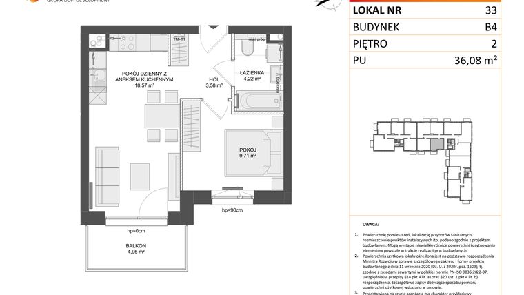 Rzut - Mieszkanie na sprzedaż 2 pokoje o powierzchni 36,08 m² - numer B4.33 w Osiedle Przy Błoniach 3 etap III