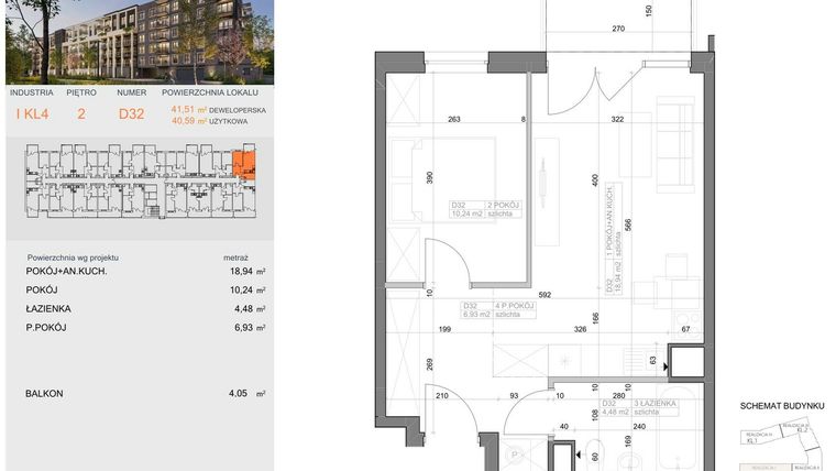 Rzut - Mieszkanie na sprzedaż 2 pokoje o powierzchni 40,59 m² - numer I-D32 w Industria etap I-D
