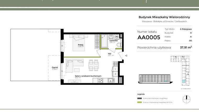 Rzut - Mieszkanie na sprzedaż 2 pokoje o powierzchni 37,91 m² - numer AA0005 w Orneko
