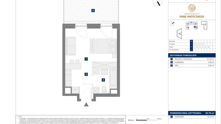 Rzut - Mieszkanie na sprzedaż 1 pokój o powierzchni 29,79 m² - numer B3 w Apartamenty Park Matecznego Etap 1