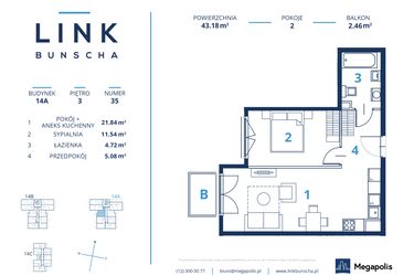 Rzut - Mieszkanie na sprzedaż 2 pokoje o powierzchni 43,18 m² - numer 14A.35 w LINK BUNSCHA
