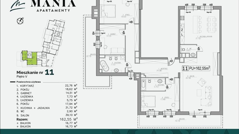 Rzut - Mieszkanie na sprzedaż 4 pokoje o powierzchni 162,55 m² - numer 11 w MANIA Apartamenty
