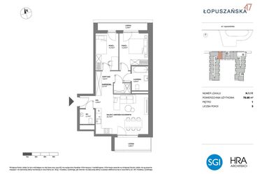 Rzut - Mieszkanie na sprzedaż 3 pokoje o powierzchni 70,05 m² - numer H.1.11 w Łopuszańska 47 - etap 3