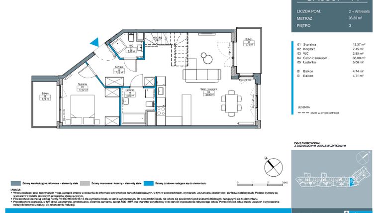 Rzut - Mieszkanie na sprzedaż 2 pokoje o powierzchni 93,88 m² - numer CA0307 w Talarowa Park