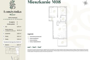 Rzut - Mieszkanie na sprzedaż 3 pokoje o powierzchni 64,04 m² - numer 8 w Łomżyńska Skwer