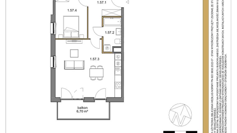 Rzut - Mieszkanie na sprzedaż 2 pokoje o powierzchni 51,87 m² - numer 57 w Osiedle Sfera etap II