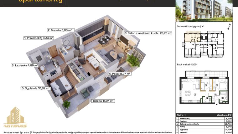 Rzut - Mieszkanie na sprzedaż 3 pokoje o powierzchni 64,13 m² - numer B12 w Osiedle Wełnowe Apartamenty