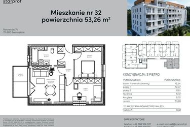 Rzut - Mieszkanie na sprzedaż 3 pokoje o powierzchni 53,26 m² - numer 32 w Odrowców 7C